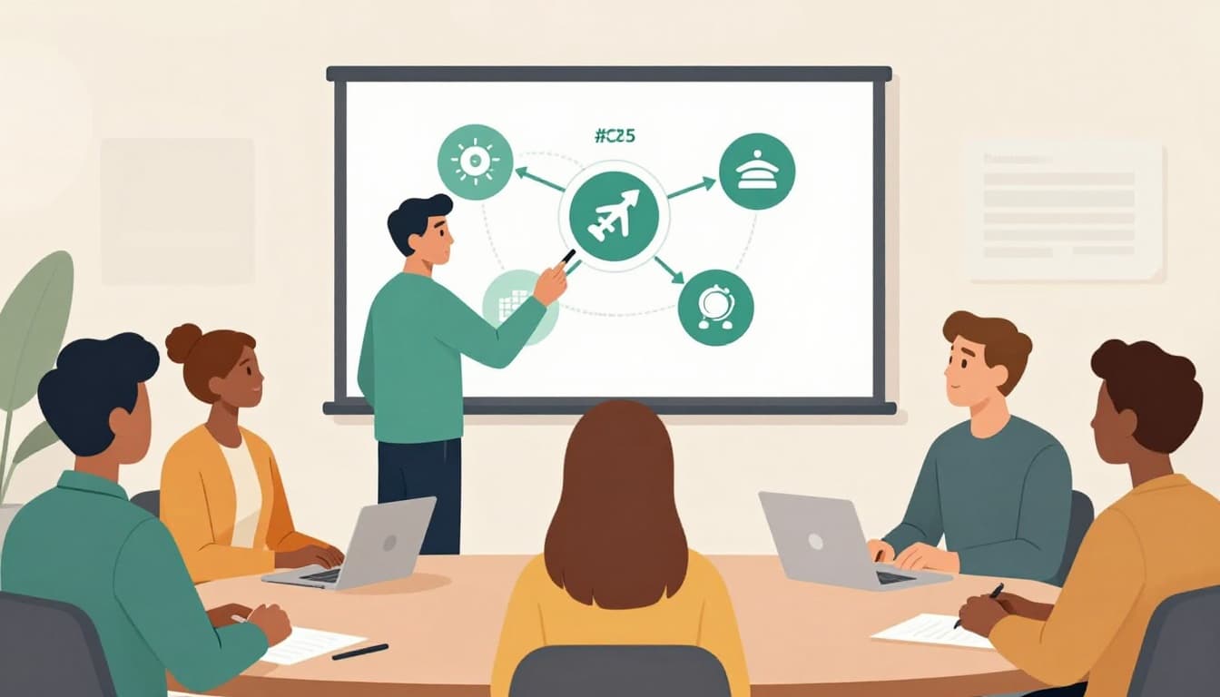 Facilitator gestures to wall chart with behavior icons as five diverse HR leaders attend in modern conference room.