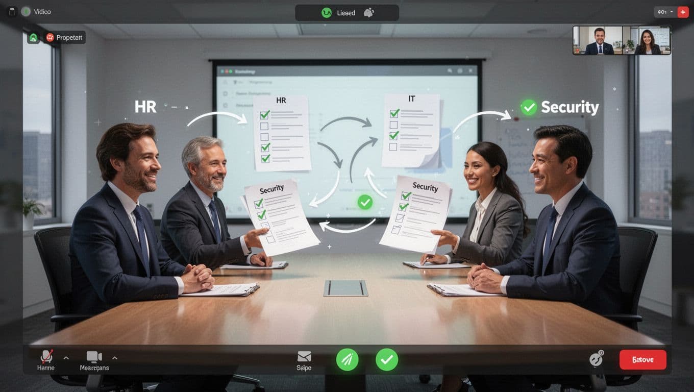 Icons of HR, IT, and security leaders around virtual video call table with shared checklists, documents, and handoff arrows.