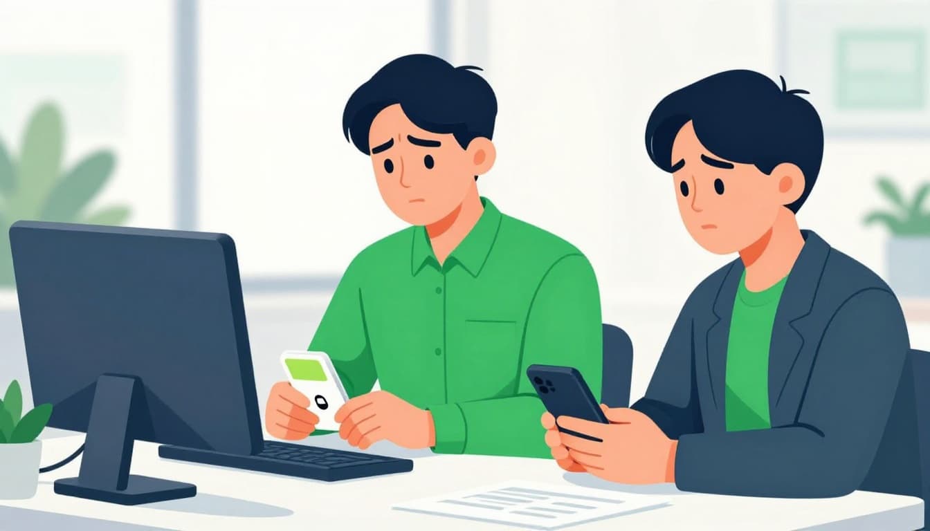 HR professional in bright office observes stressed employee handling USB oddly and checking phone frequently.