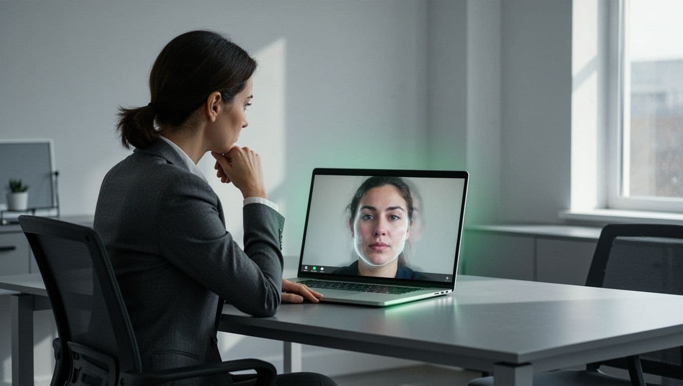 HR professional at desk looks concerned at laptop screen showing suspicious video feed with blurring edges and inconsistent lighting.