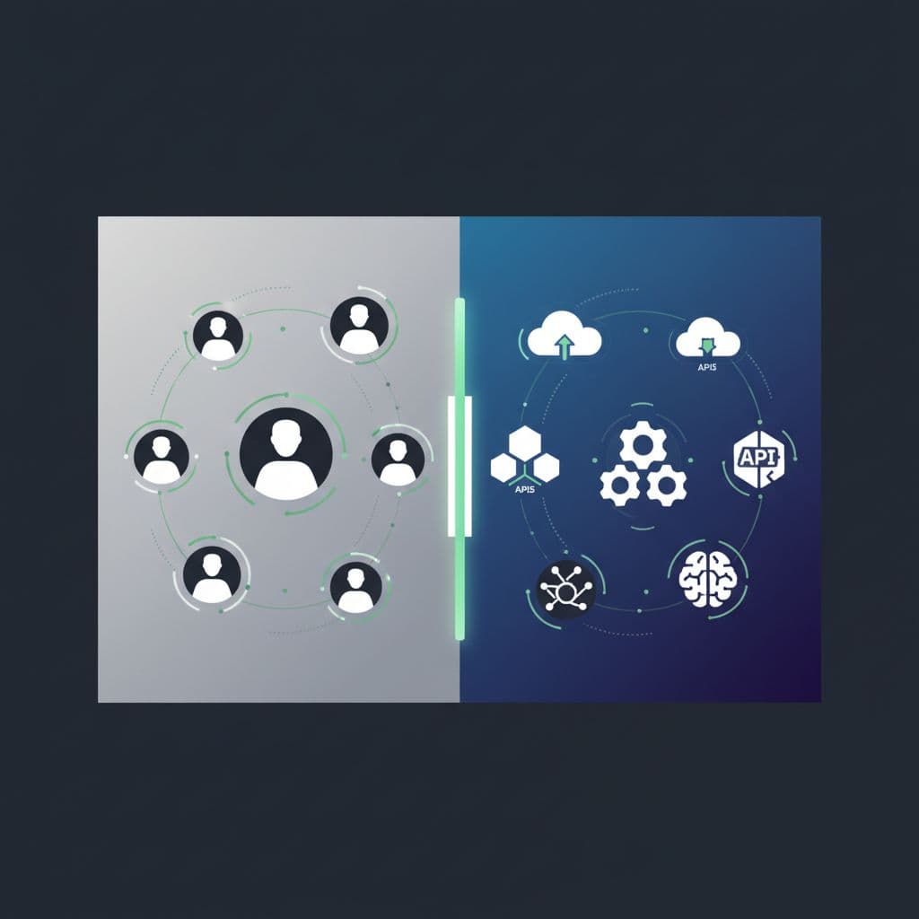 A digital interface shows human user icons contrasted against machine, bot, and AI agent symbols.