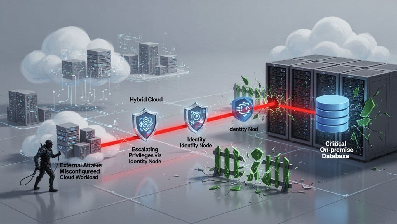 Red highlighted path traces attack from external entry through misconfigured cloud workload and privilege escalation to on-prem database, breaking green security barriers.