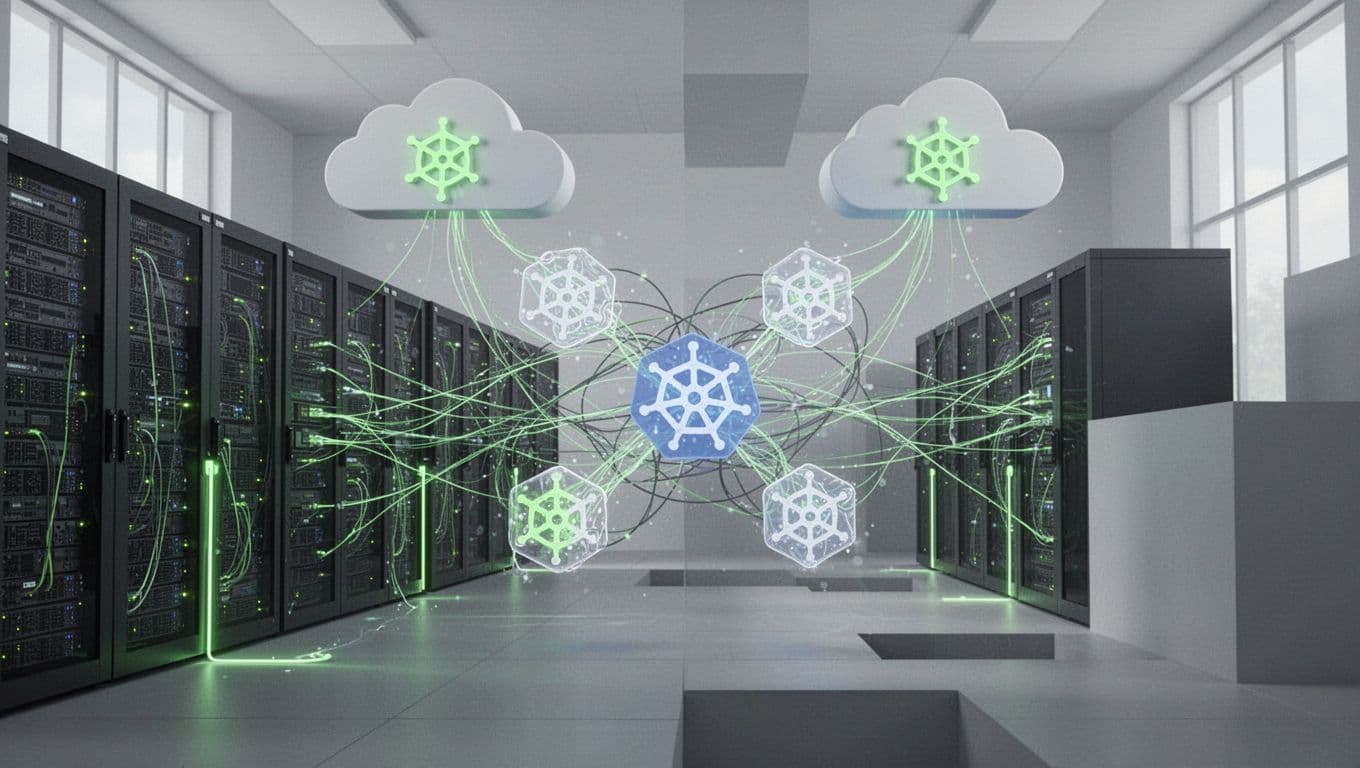 On-premises data center servers connect to AWS and Azure cloud icons via networks, with floating ephemeral Kubernetes pods, tangled identity lines, and gray fragmented visibility gaps.
