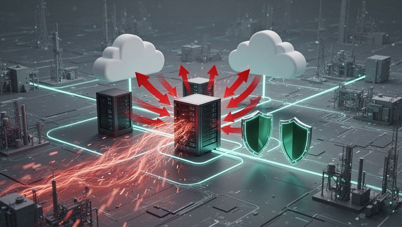 Central data center connects to clouds amid red arrow floods from multiple directions, green shields block some traffic.