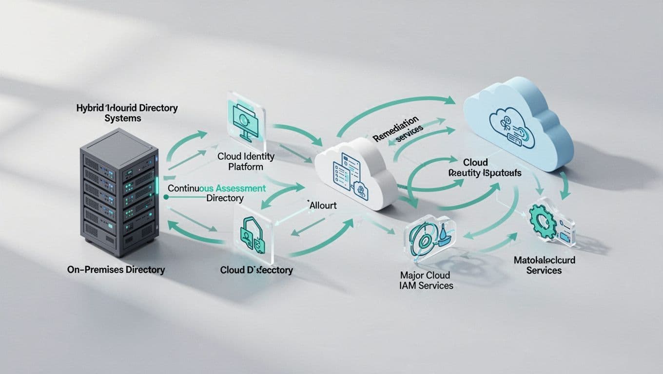 Isometric diagram of on-prem AD connected to Entra ID, Okta, AWS IAM, GCP IAM icons with green-accented arrows showing cycles.
