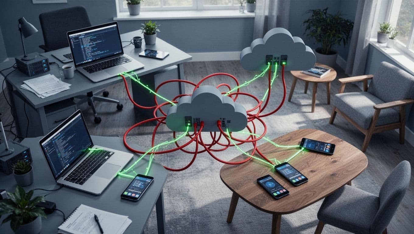 Overhead view shows laptops on desks, smartphones on tables, cloud servers connected by tangled red lines.
