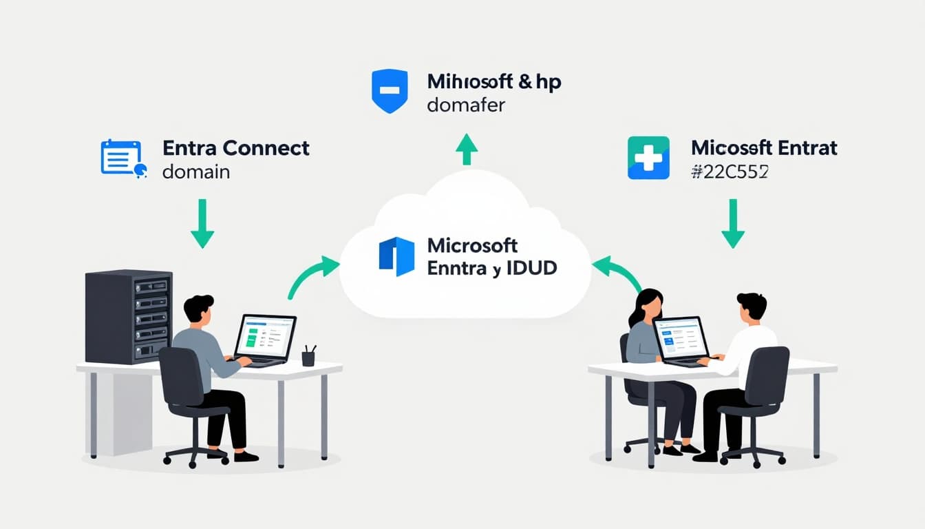 Active Directory servers in server room sync via green arrows to Entra ID cloud, two users access hybrid apps on laptops.