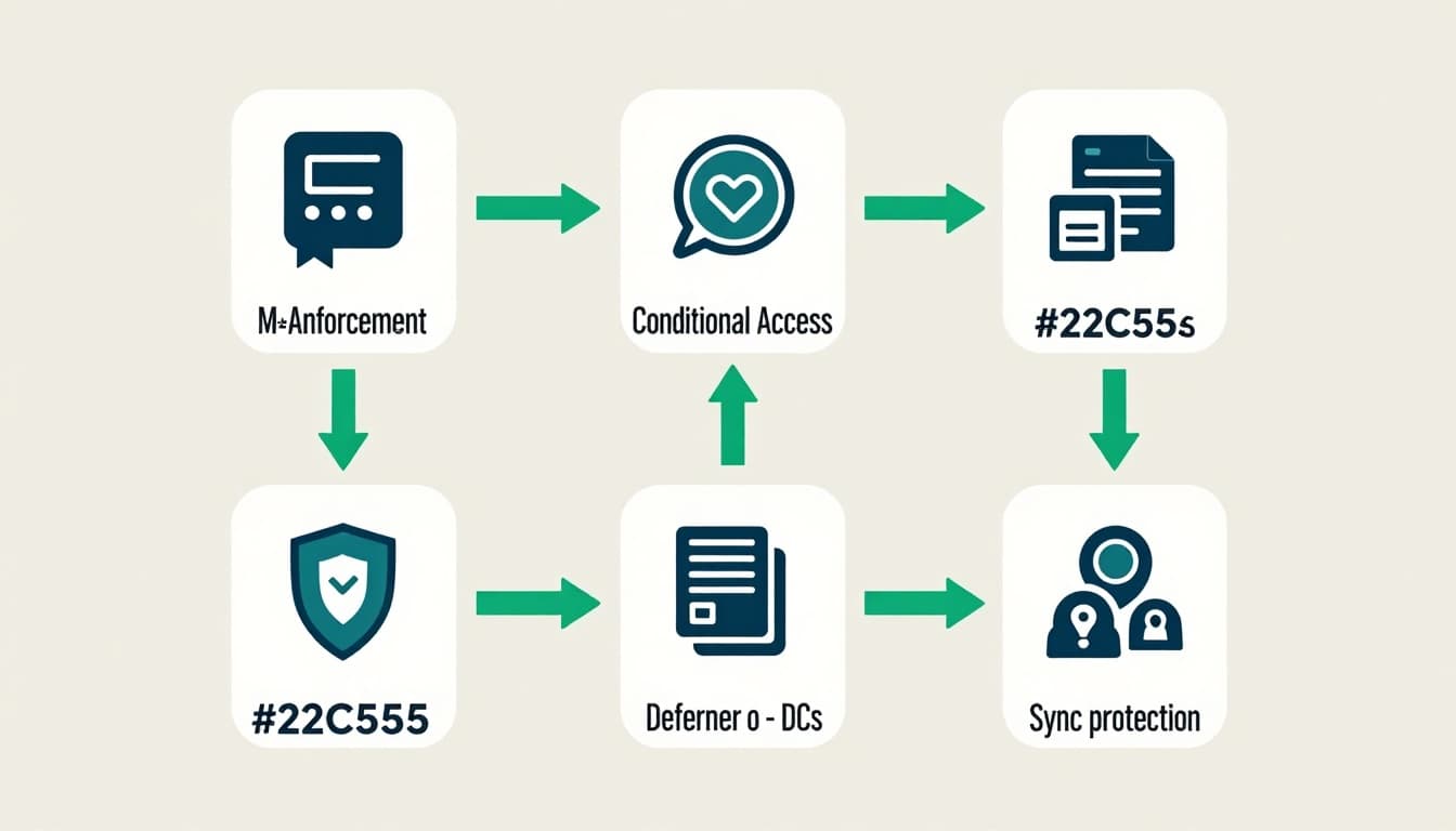 Four icons depicting MFA enforcement, Conditional Access setup, Defender sensors on DCs, and sync protection connected by green arrows in a simple flowchart on neutral background.