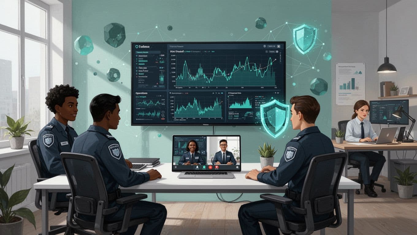 Two remote analysts on laptops video call two in-office colleagues monitoring threats on large screen with floating network and shield icons.
