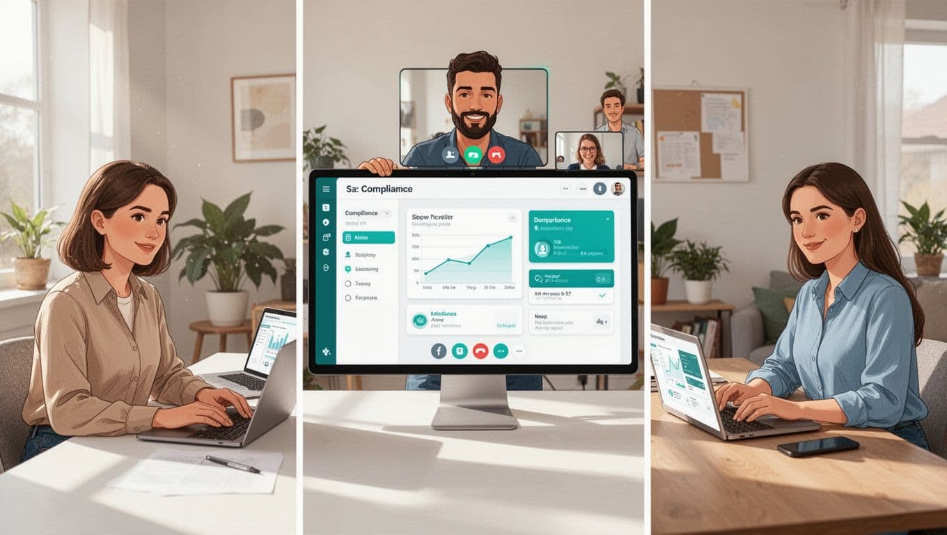 Three professionals in home offices collaborate on video call, viewing shared compliance dashboard on split screen.
