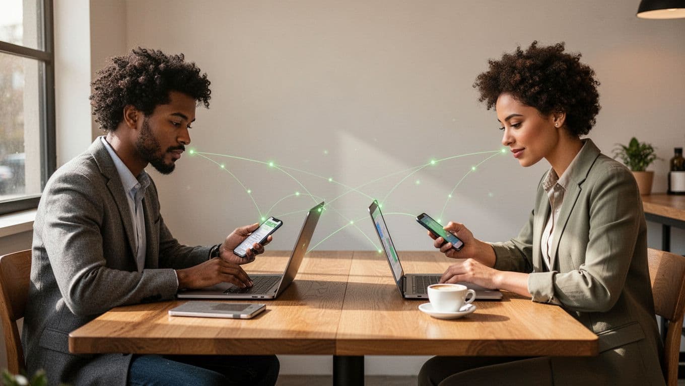 Two diverse professionals work on laptops from home office and coffee shop, connected by green secure network lines.