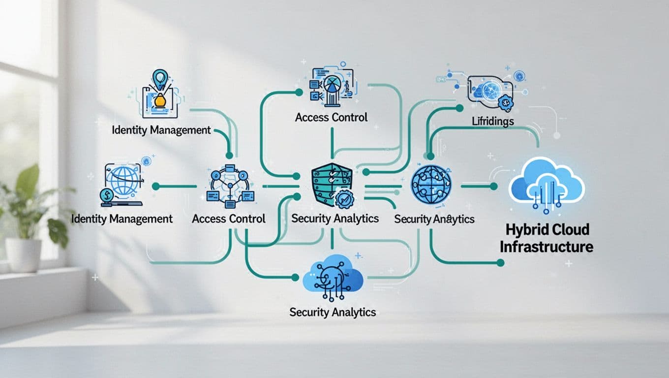 Icons of Entra ID and Okta connect via green-accented lines to UEBA, SIEM, hybrid cloud, and on-prem.