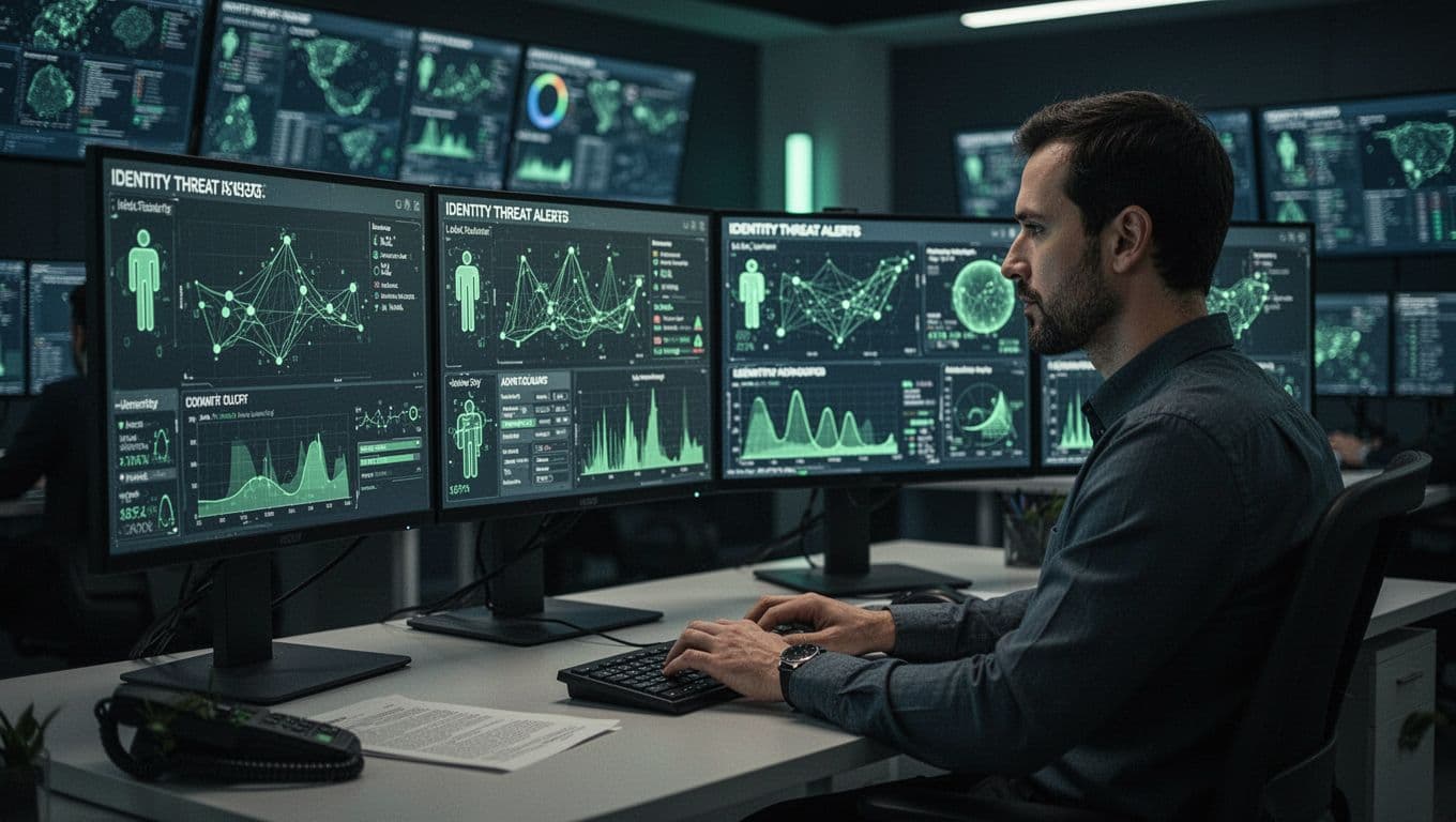 Identity threat engineer analyzes alerts on multiple screens with graphs and anomalies in dimly lit SOC room.