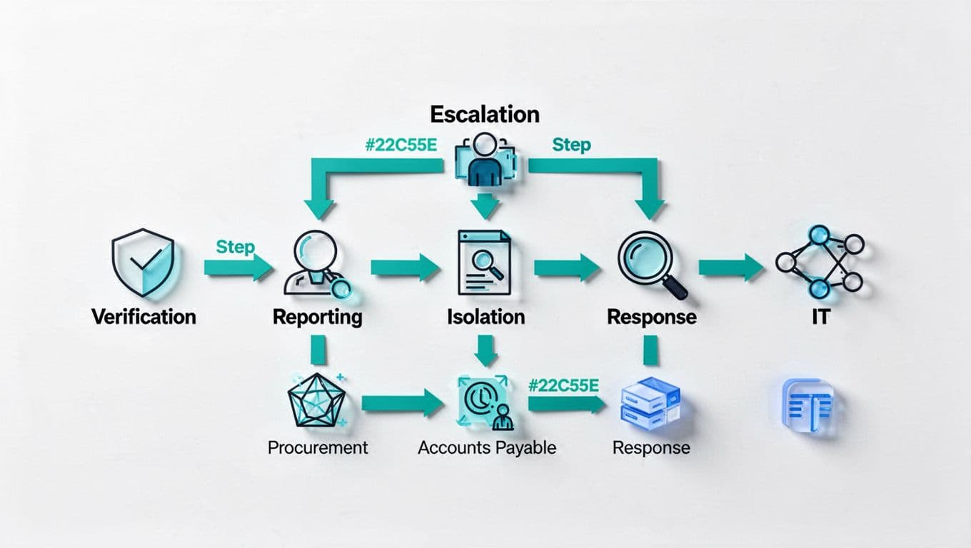 Step-by-step flowchart with icons for verify, report, isolate, respond, and procurement-AP-IT collaboration.