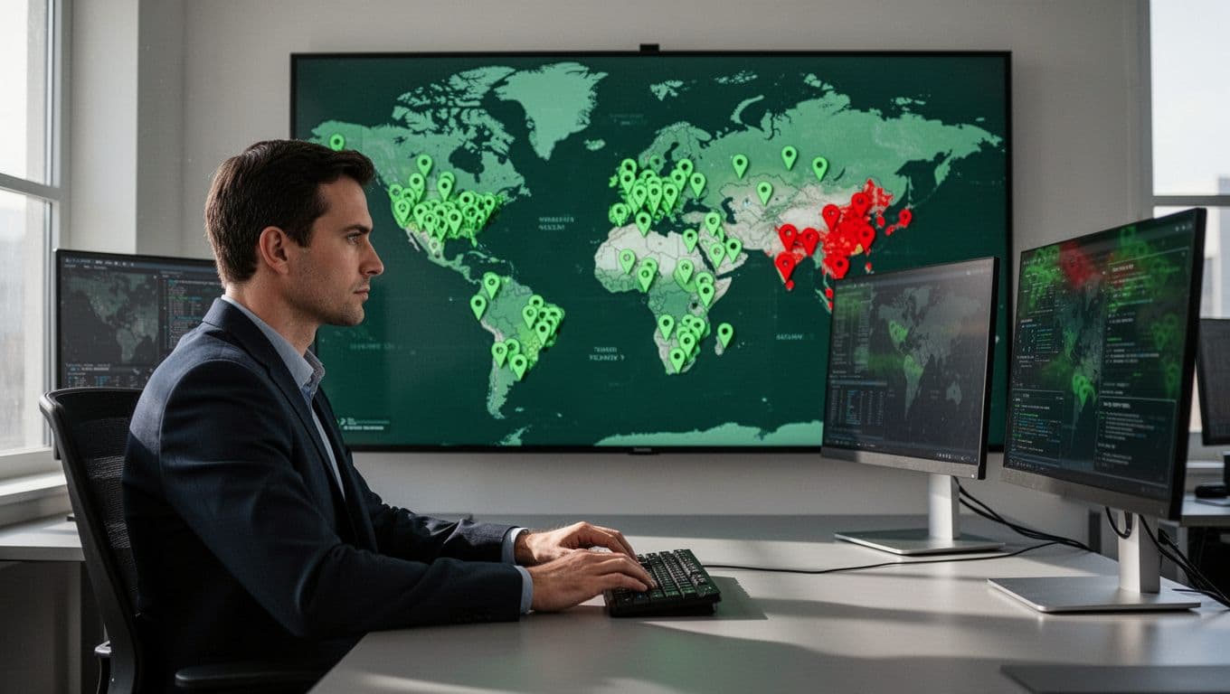 Security analyst at desk examines world map dashboard on dual monitors with green normal pins and red suspicious clusters for US-Asia logins minutes apart.