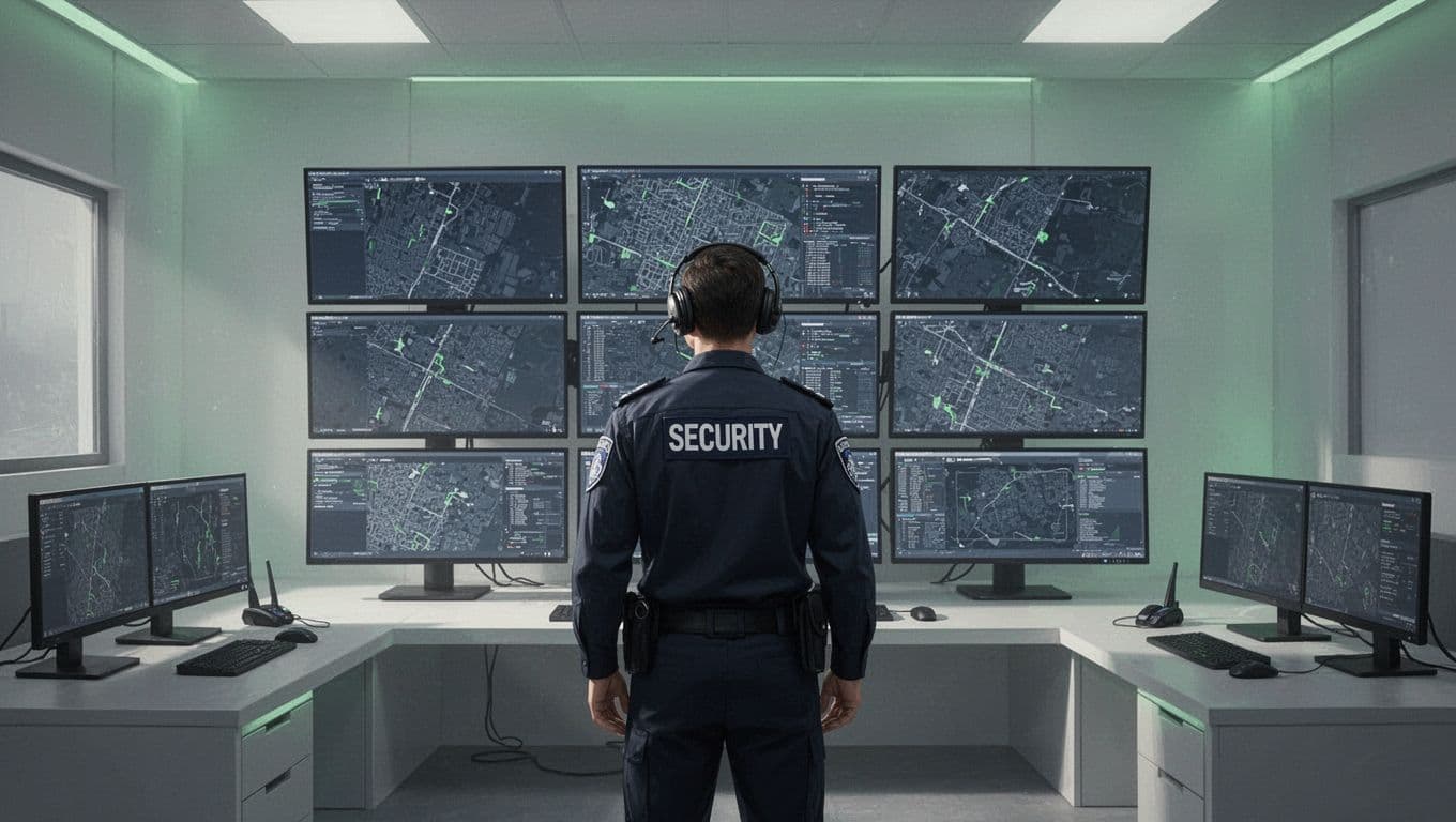 An incident commander wearing a headset monitors security feeds and event maps in a professional control room.
