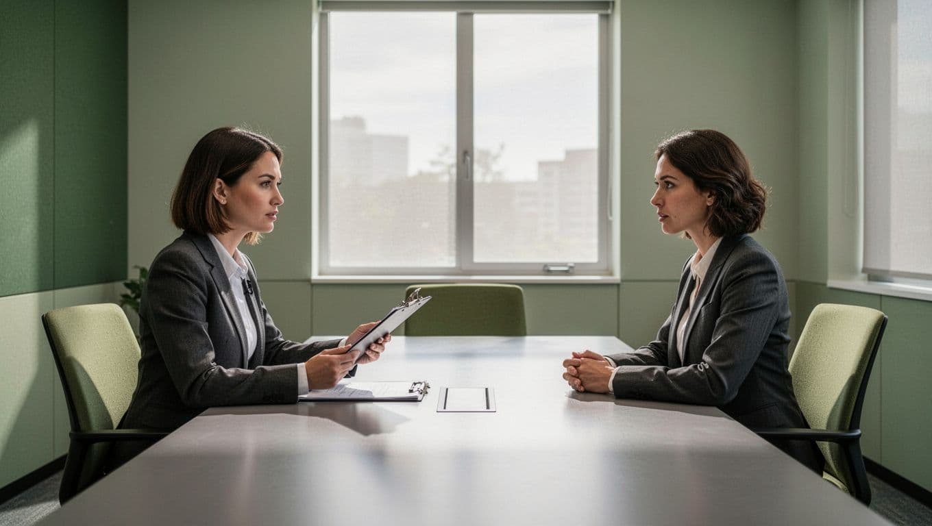 Two people sit across a table during a professional interview with one person holding a clipboard.