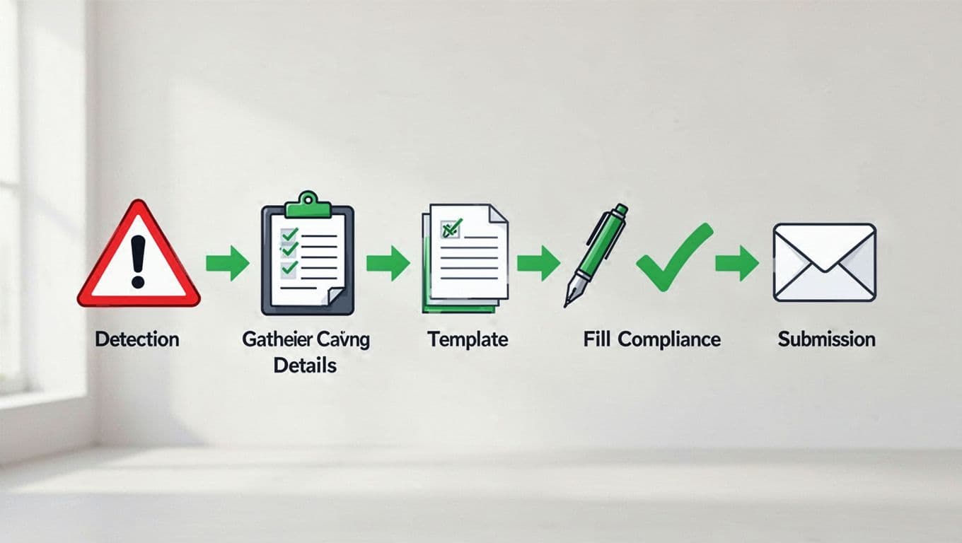 Horizontal flowchart with six icons—alert, clipboard, document stack, pen, checkmark, envelope—linked by green arrows on light background.