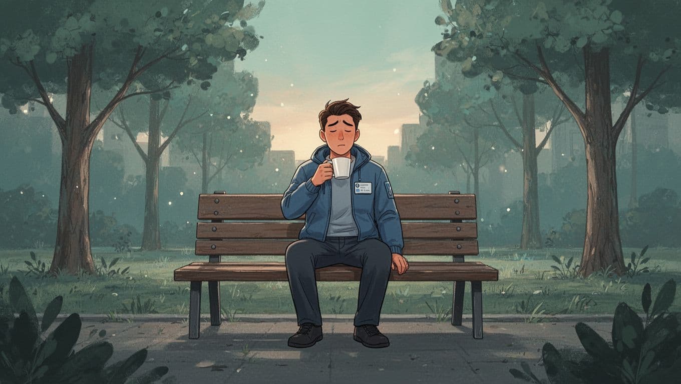 Incident response specialist sits on bench holding coffee, looking relieved amid foliage in soft evening light.