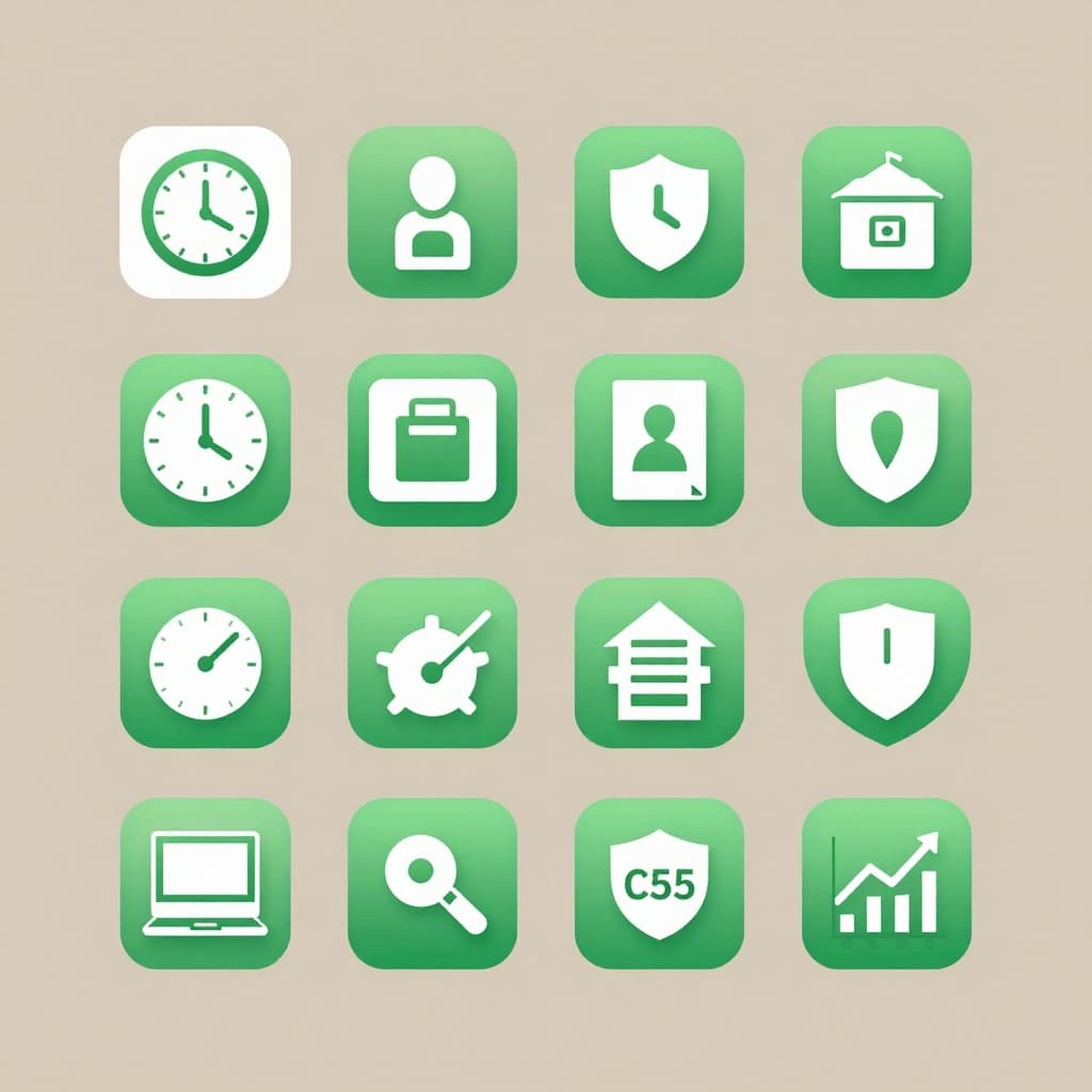 Dashboard layout features clock, shield, and graph icons with green highlights on neutral background.