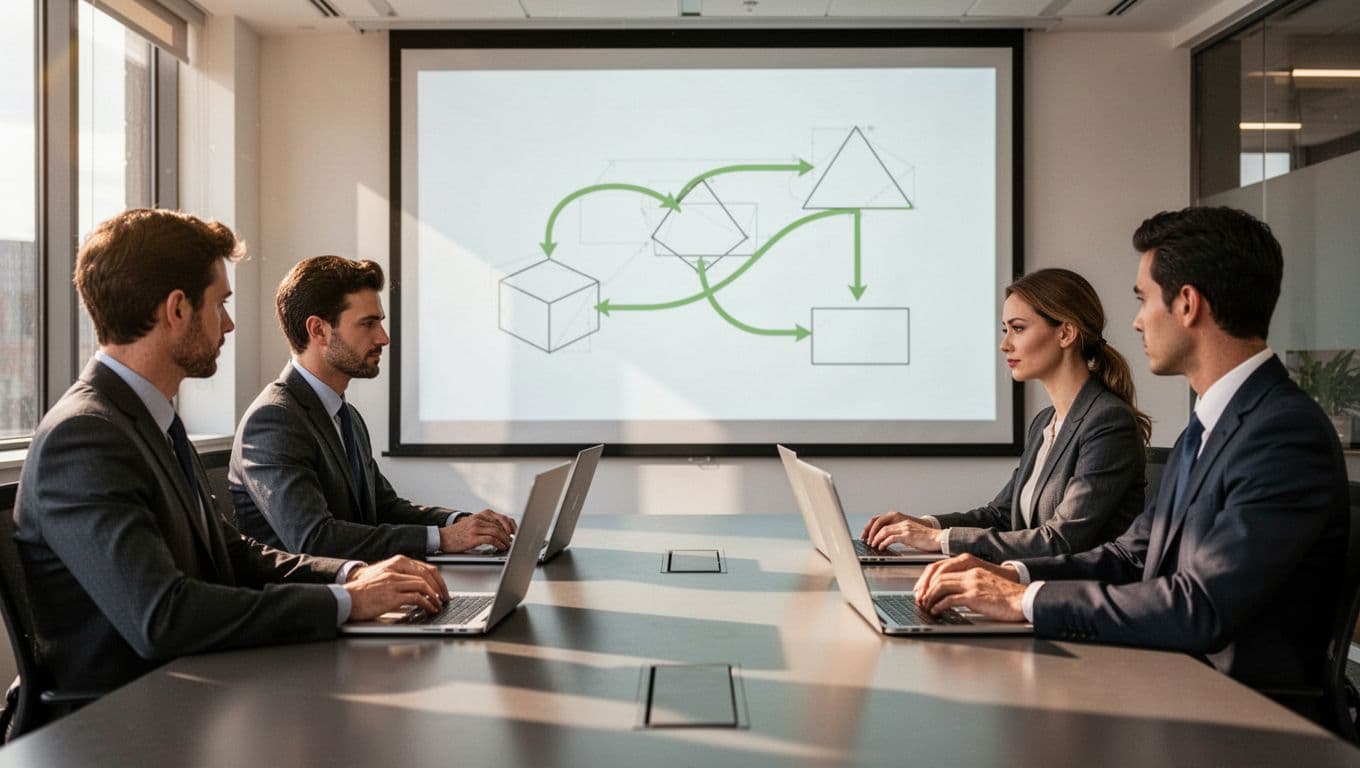 Flowchart diagrams playbook steps from alert to response with green lines; three analysts sit around table reviewing laptop and screens.