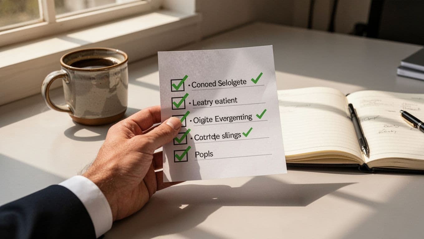 Hand holds checklist with green checkmarks next to threat indicators on office desk with mug and notebook.