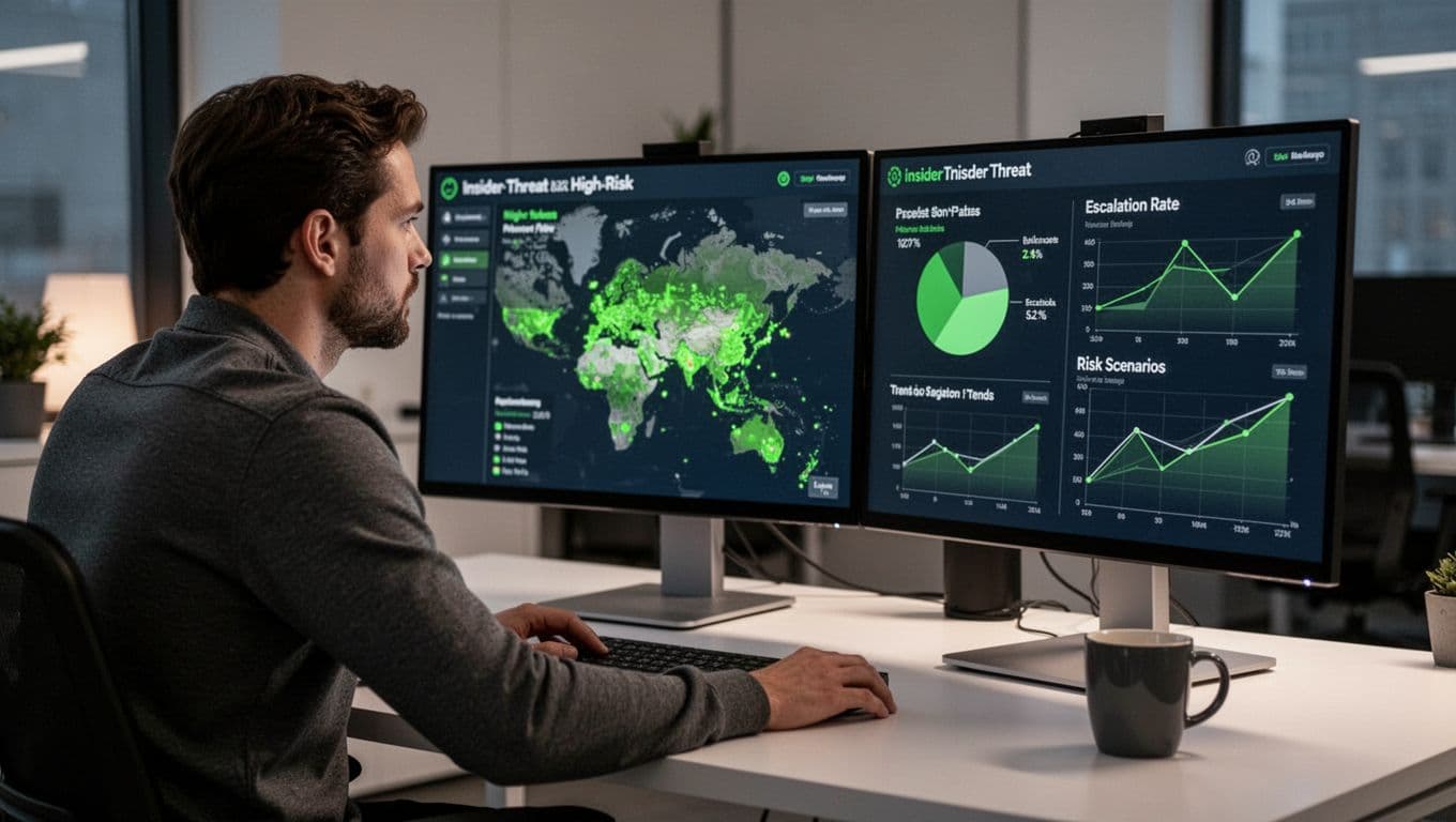 Dual monitors on security desk display heat map, pie chart, and risk trends; SOC analyst leans in.