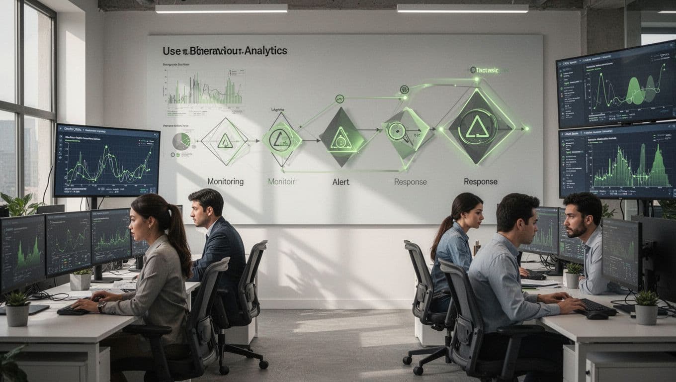 Flowchart shows steps from monitoring to response for insider threats, with four SOC team members at desks viewing UEBA data on screens.