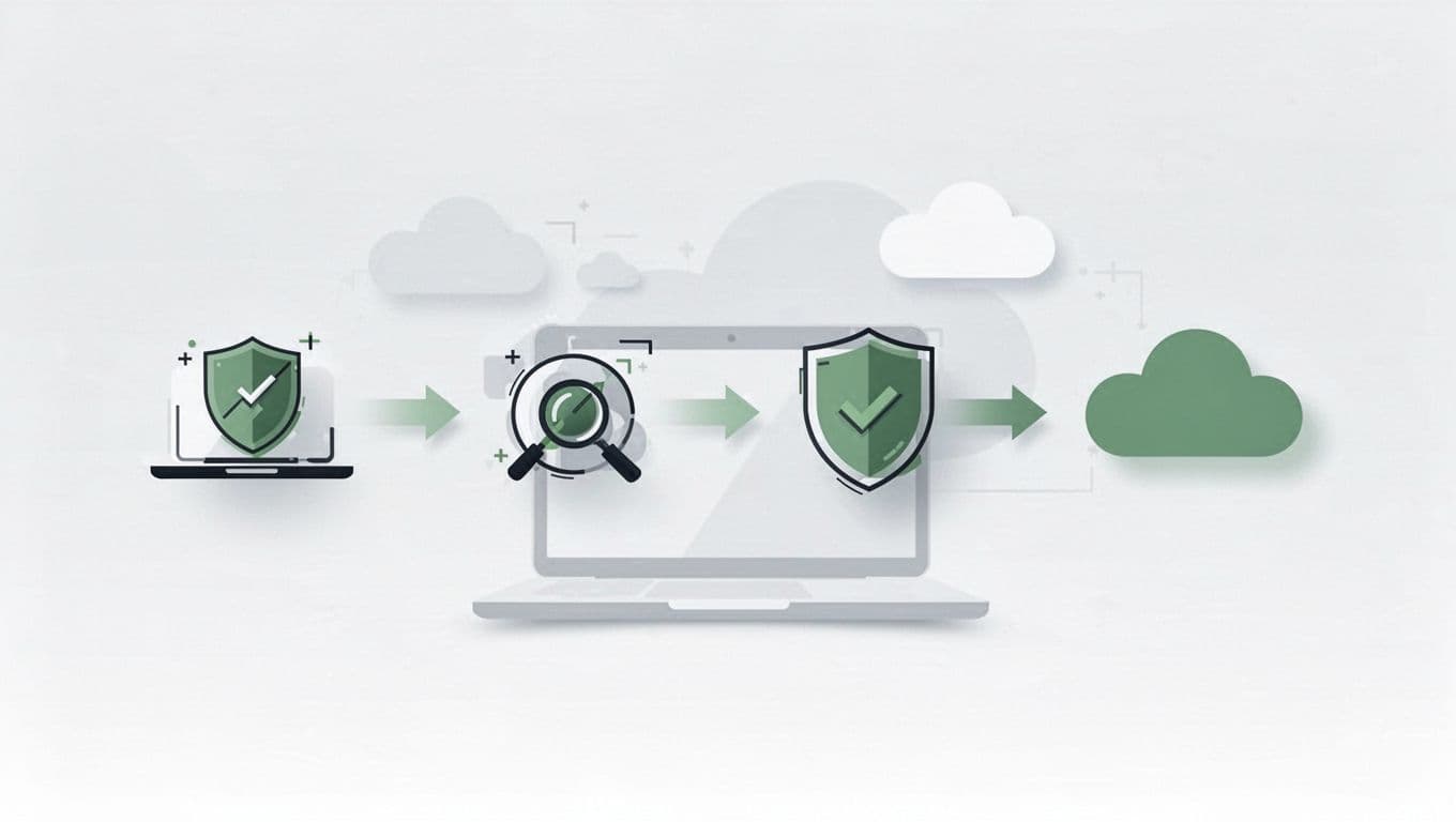 Horizontal flowchart with four sequential stage icons—assess, build, deploy, monitor—linked by green arrows, featuring laptop and cloud symbols.