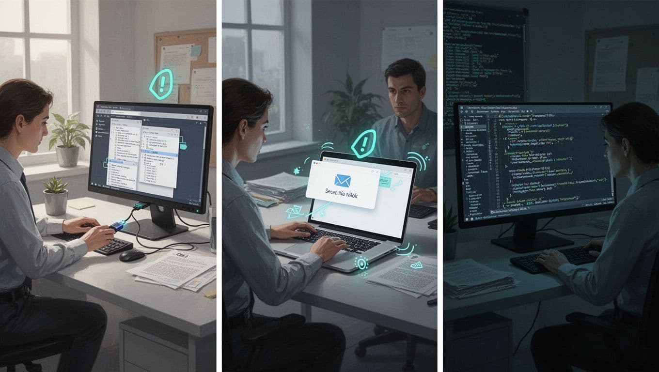 Side-by-side panels depict malicious employee inserting USB at desk, negligent worker emailing data from laptop, and compromised insider viewing malware on screen.