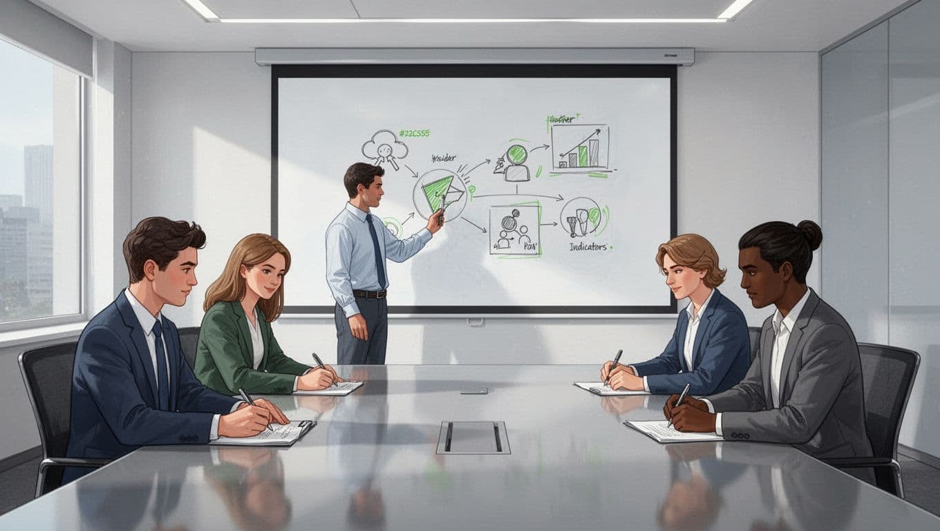Instructor diagrams insider threat indicators on whiteboard for attentive team of four in modern conference room.