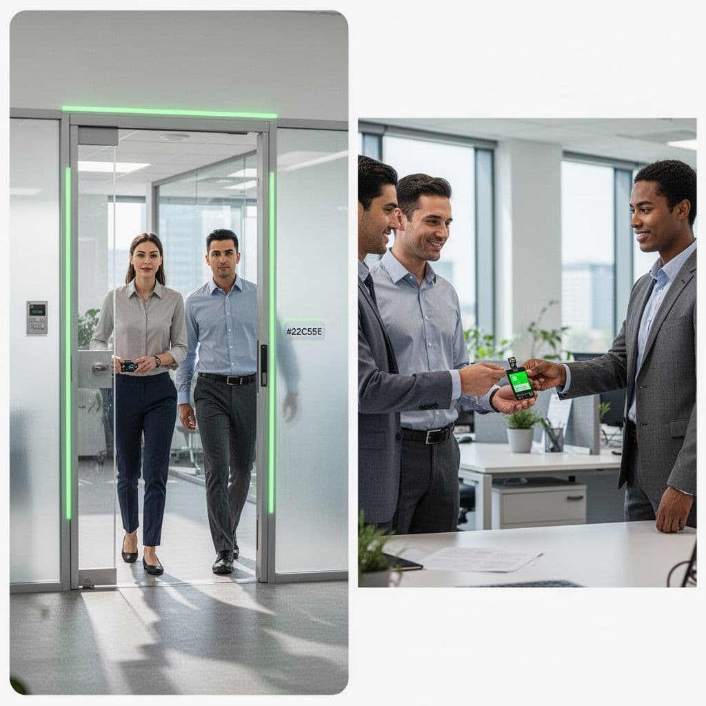 Side-by-side panels show tailgating at a secure door and badge lending between two employees in a bright office.