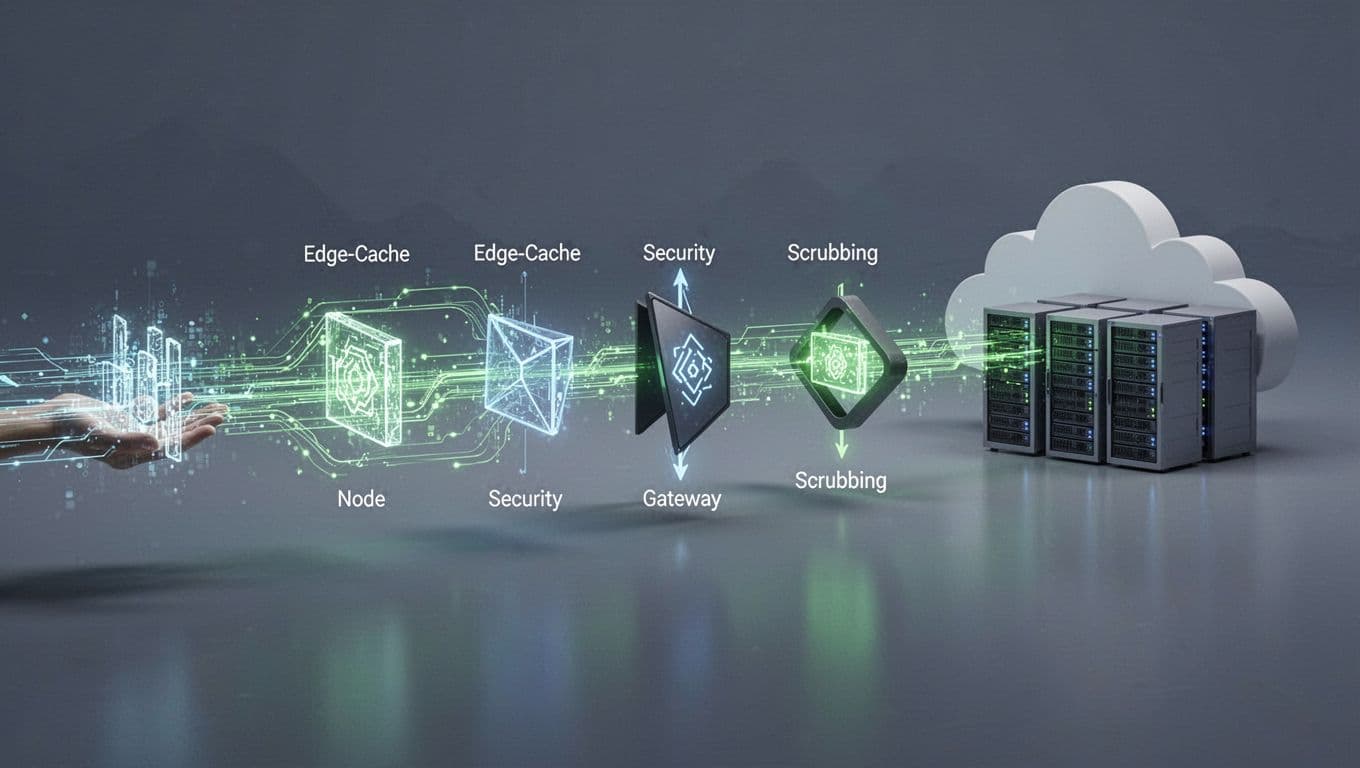 Horizontal illustration of internet traffic flowing through CDN, WAF, scrubbing service to cloud servers, with green filters blocking bad traffic.