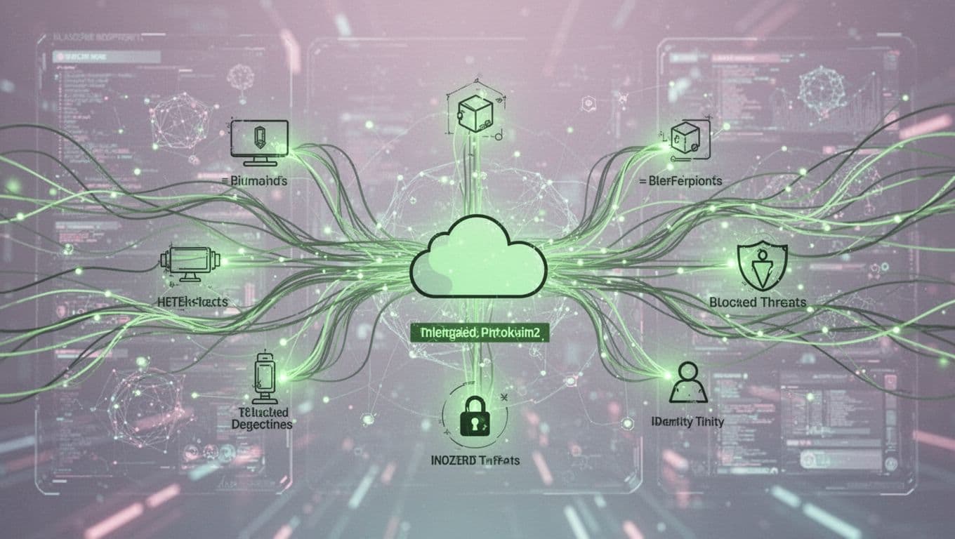 Abstract dashboard view with network flows, green-highlighted blocked threats, and icons for endpoints, cloud, identity.