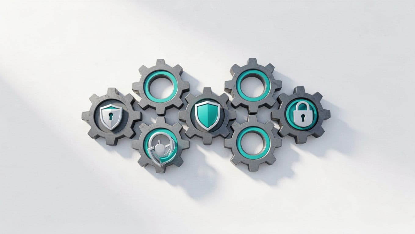 Multiple interconnected gear icons depict security platforms working in sync with green accents on white background.