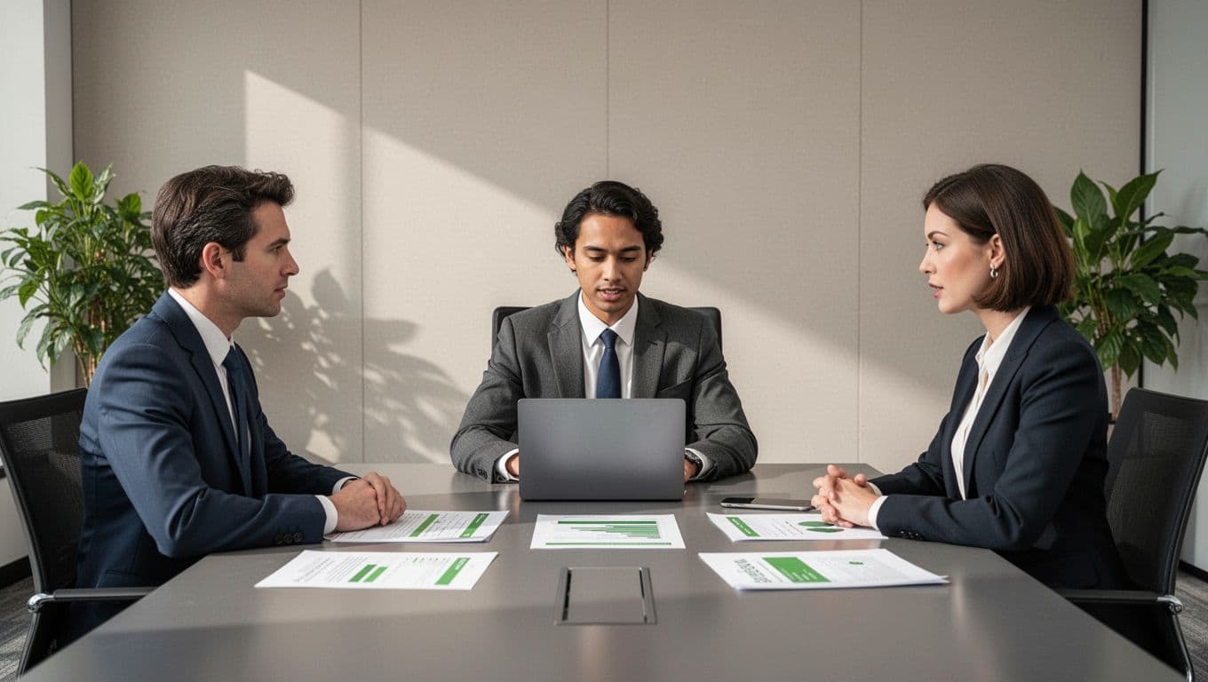 Three interviewers and one candidate at table with resumes, laptop, and green highlights.