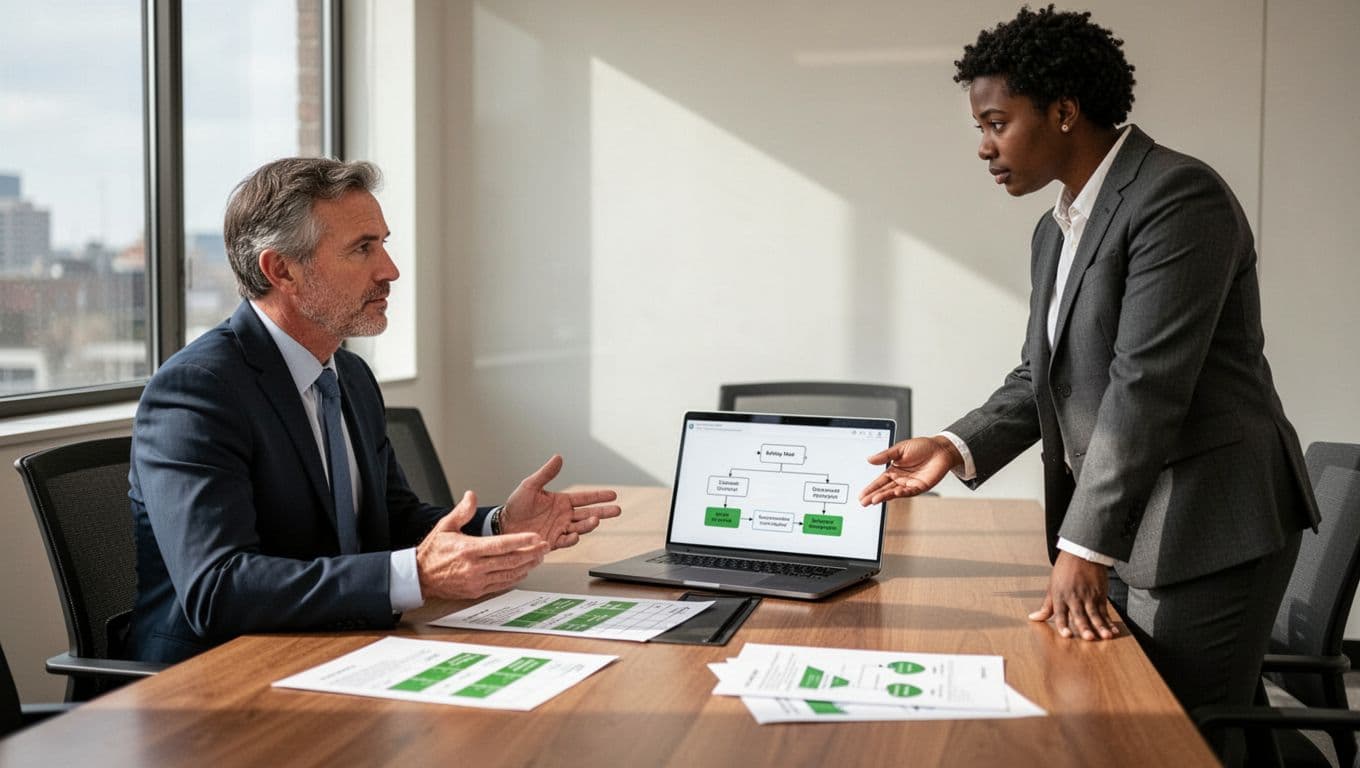 Hiring manager examines printed scorecard and laptop metrics with standing candidate in sunlit conference room.