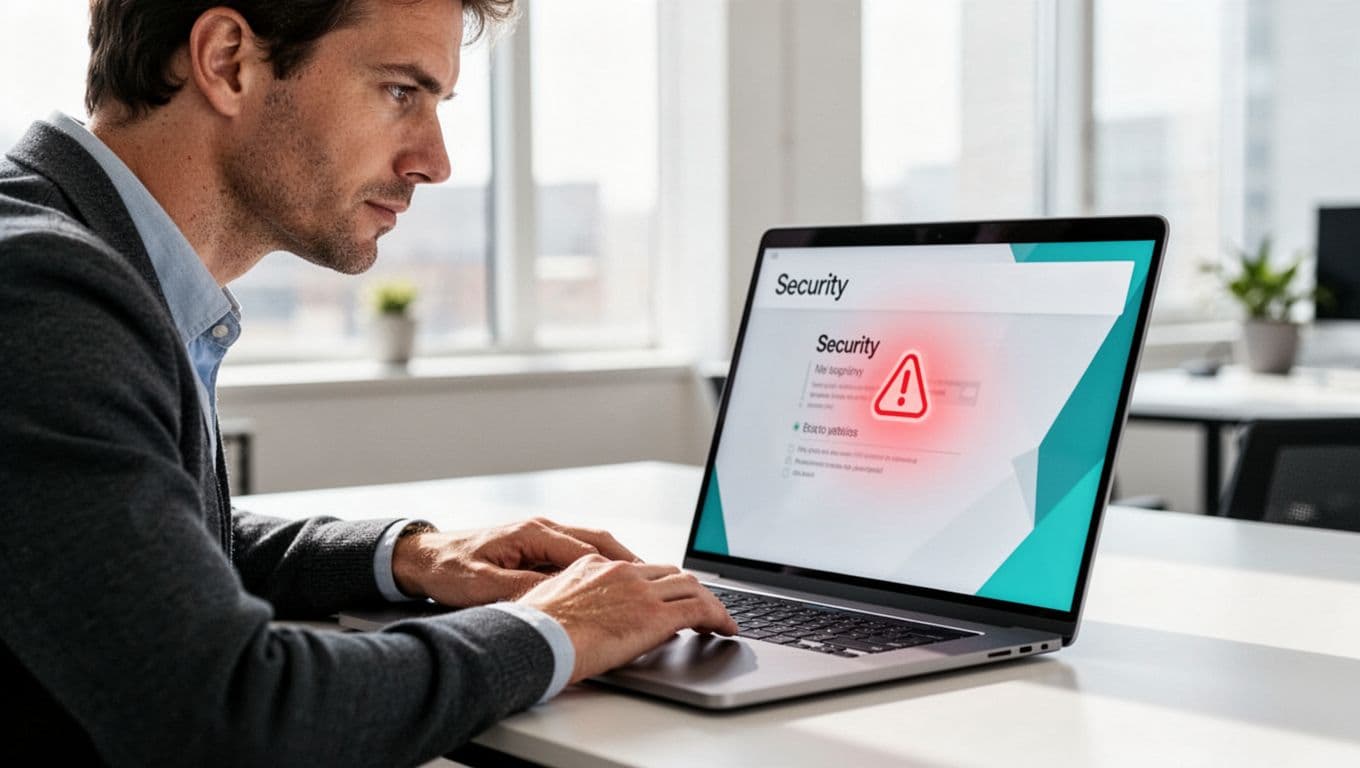 Professional investor at modern desk reviews laptop pitch deck showing security section with red flag icon.