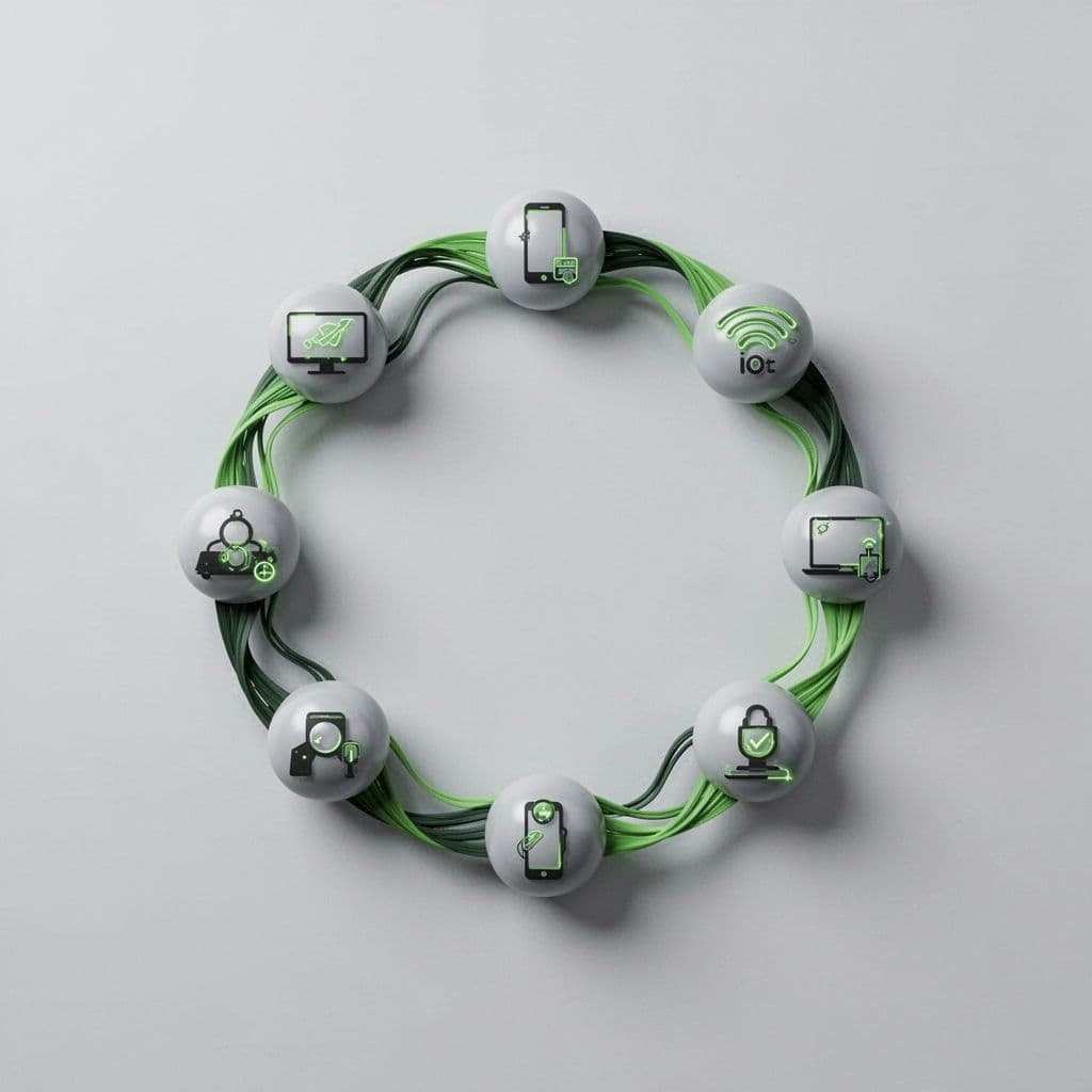 Minimalist circular cycle with interconnected IoT nodes linked by fluid lines on neutral background.