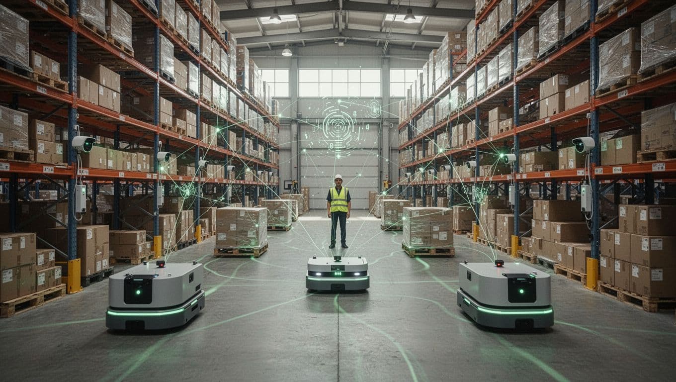 Large warehouse with high shelves of boxes, IoT sensors and cameras on racks, AGVs carrying pallets, glowing network lines to central control.