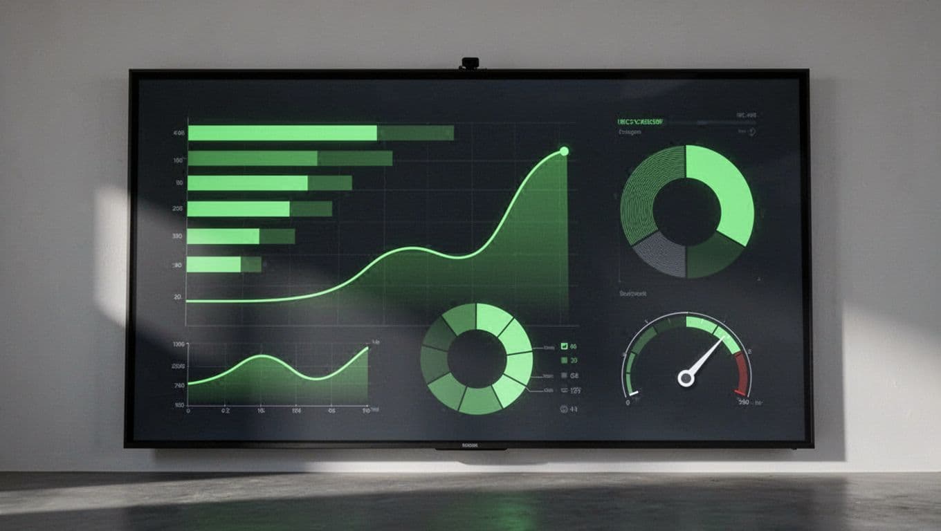 Large screen shows clean dashboard with horizontal bar chart, line graph, pie chart, and gauge for IR metrics.