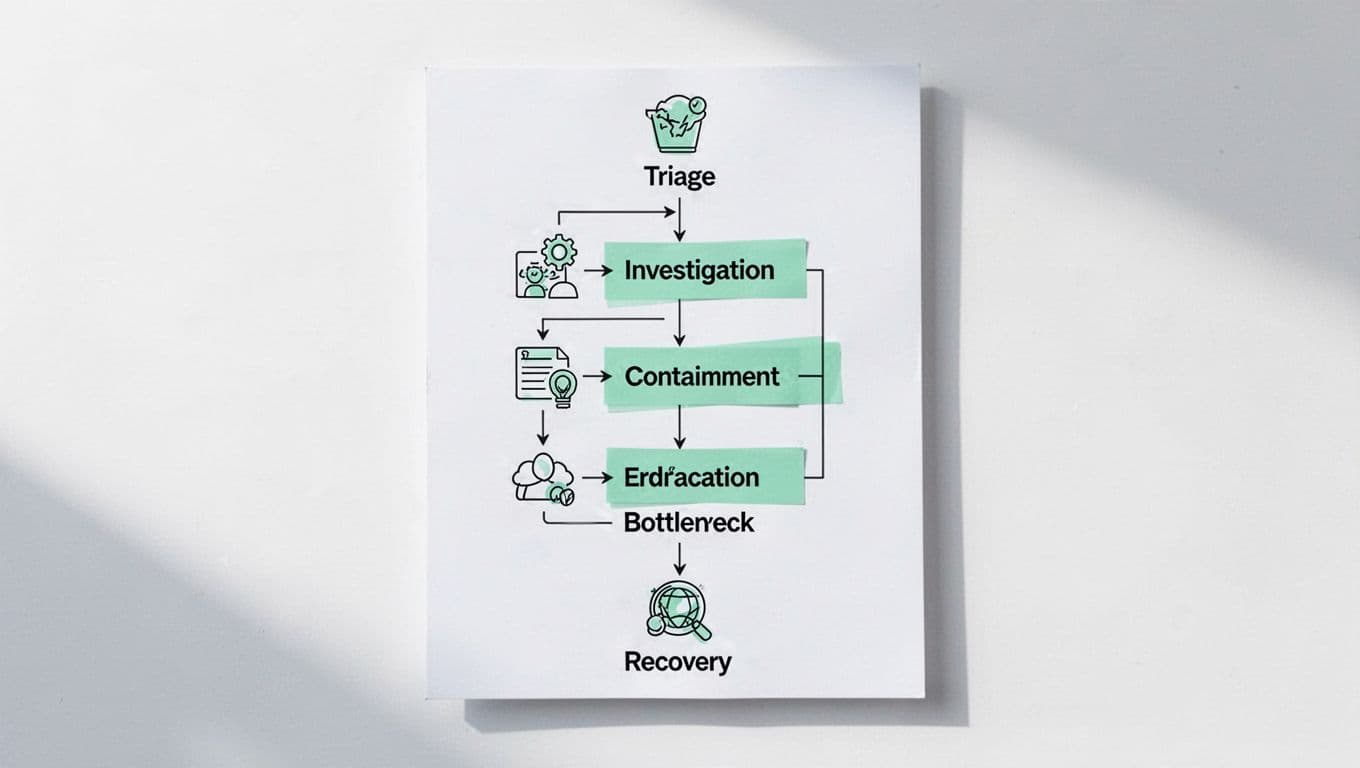 Flowchart shows incident response process from alert to resolution with green-highlighted bottlenecks, stage icons, and arrows on white background.