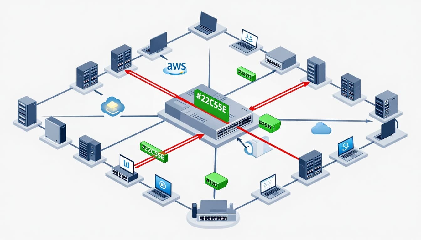 Isometric view of interconnected servers, cloud services, endpoints, switches, firewalls with red threat paths blocked by green barriers.