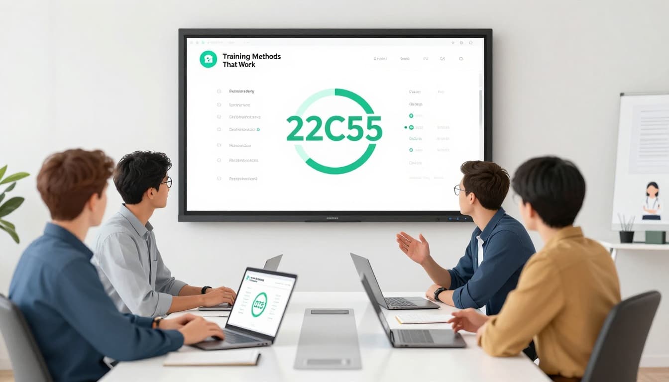 Four IT admins around table with laptops review metrics dashboard on angled shared screen.