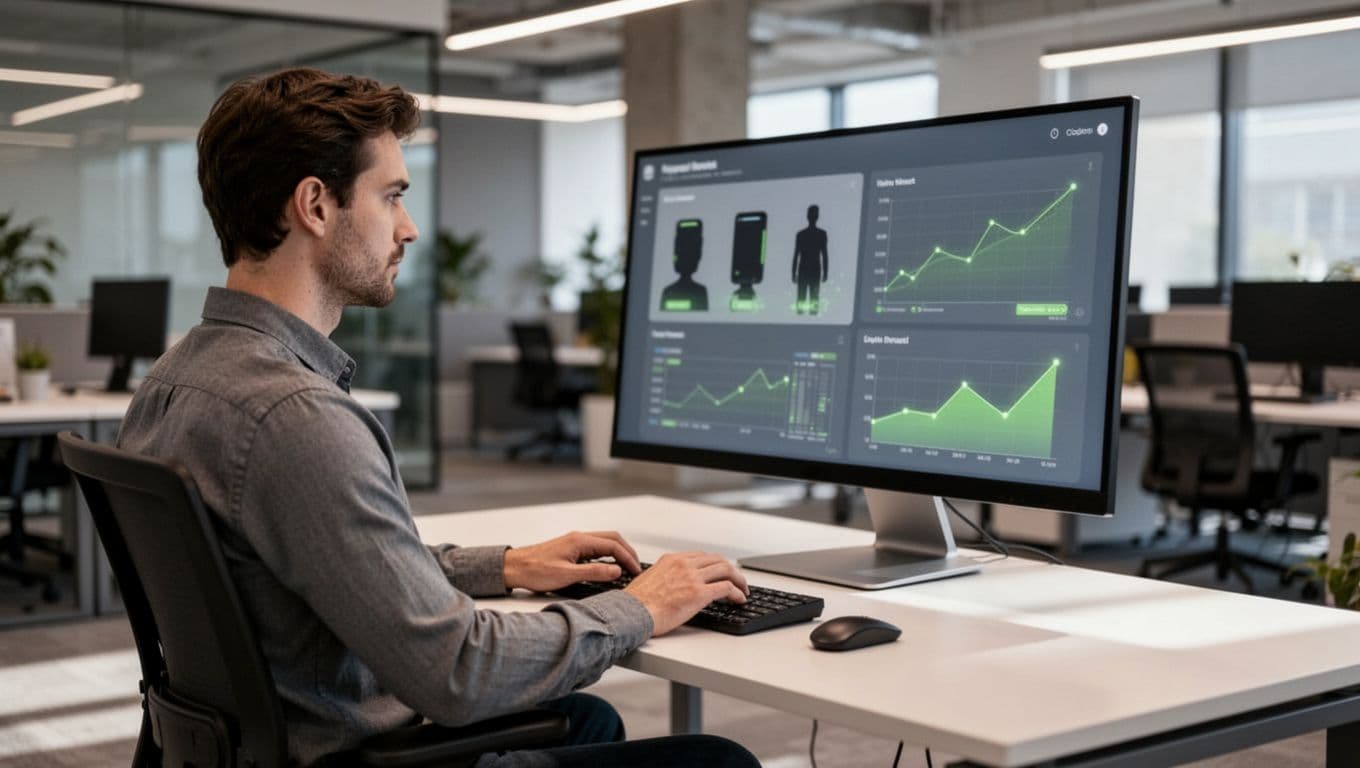 Side view of relaxed IT admin at workstation viewing blurred dashboard with mobile icons and risk score charts on large monitor.