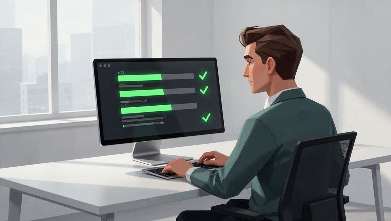 Side view of IT admin focused on laptop screen deleting files and users from SaaS dashboard with green checkmarks in office.