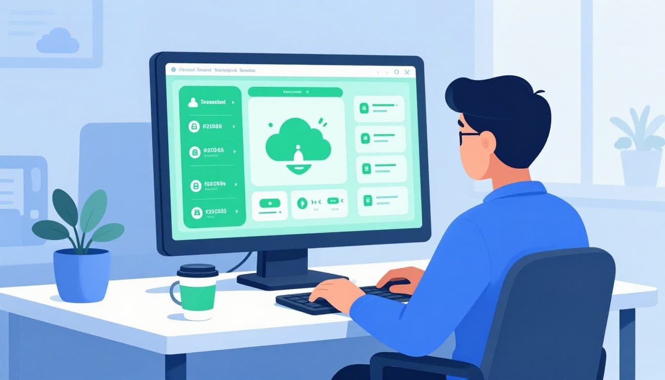 IT admin at hybrid office desk focuses on angled network dashboard with unauthorized cloud app alerts.