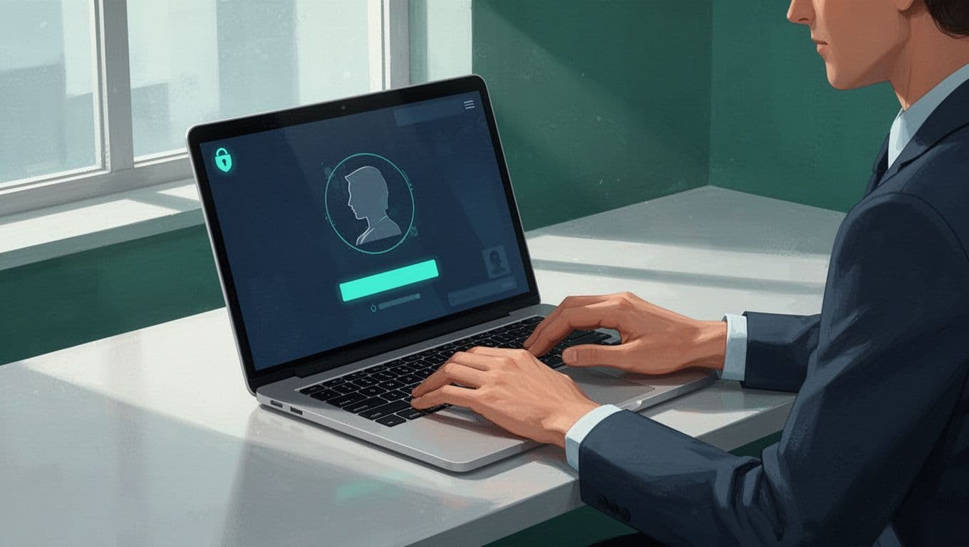 IT admin at desk with angled laptop showing secure login screen and contractor profile icon.