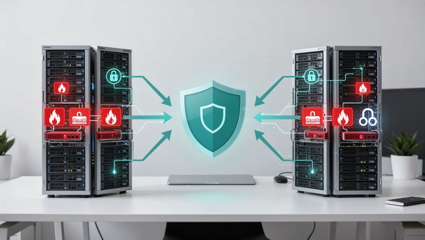 Two separate IT networks with servers, firewalls, and endpoints merge via arrows into a central shield icon on clean background.