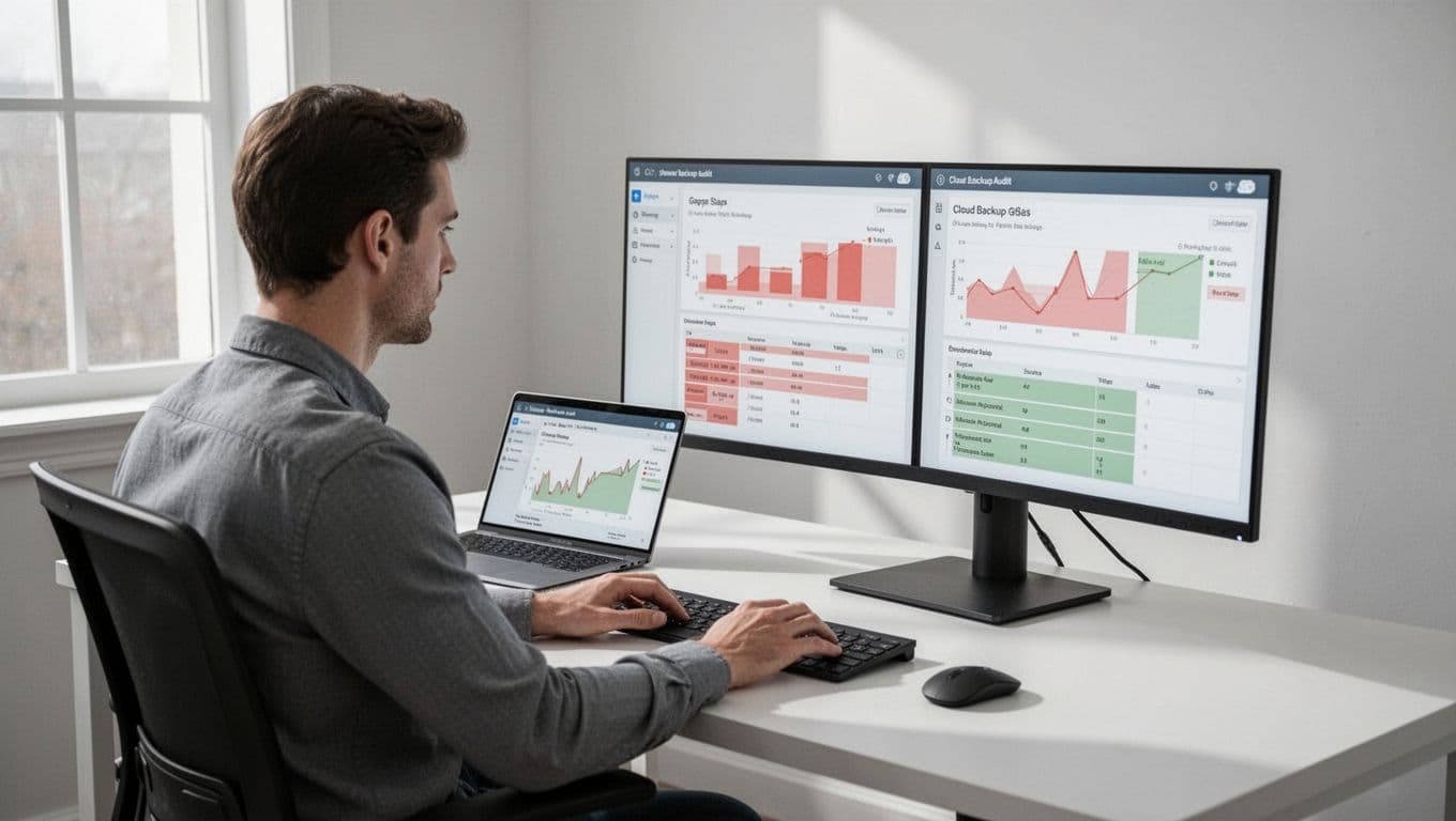 IT professional at desk examines cloud backup dashboard on laptop and monitor with red gap charts and green highlights.